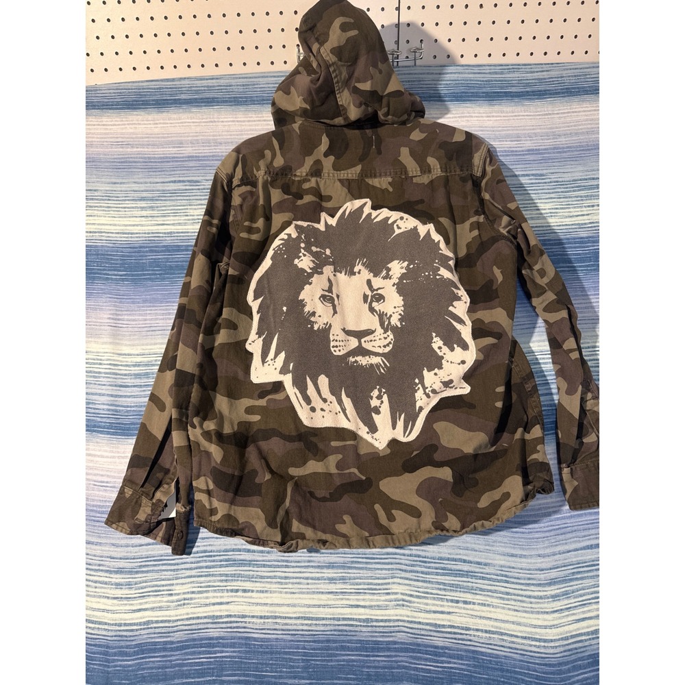 Upcycled Camo Jacket Lion Back Graphic One of One Womens MediI'm